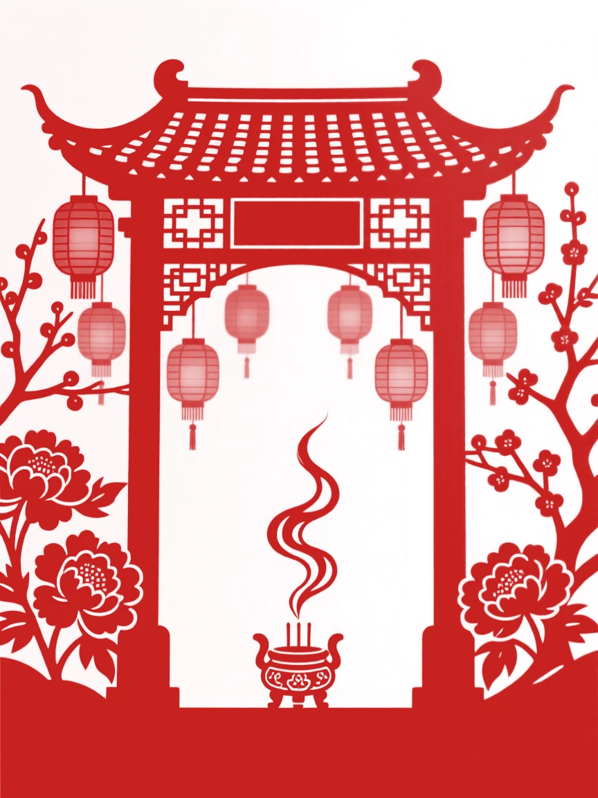A village archway, as lanterns are lit for the coming night, smoke curling gently from a nearby incense burner.