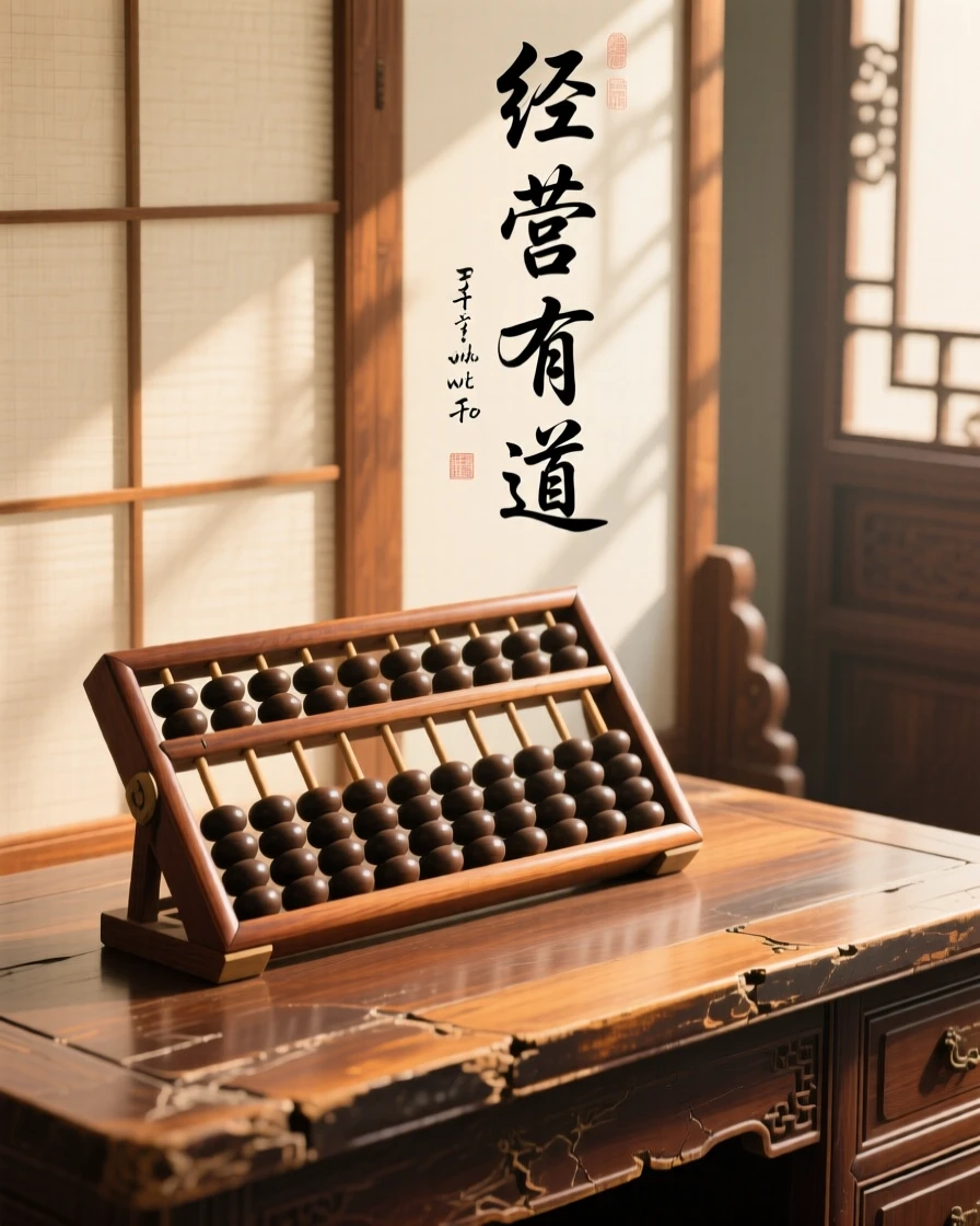 A wooden abacus resting on an old merchant's desk in soft afternoon light beside a paper screen