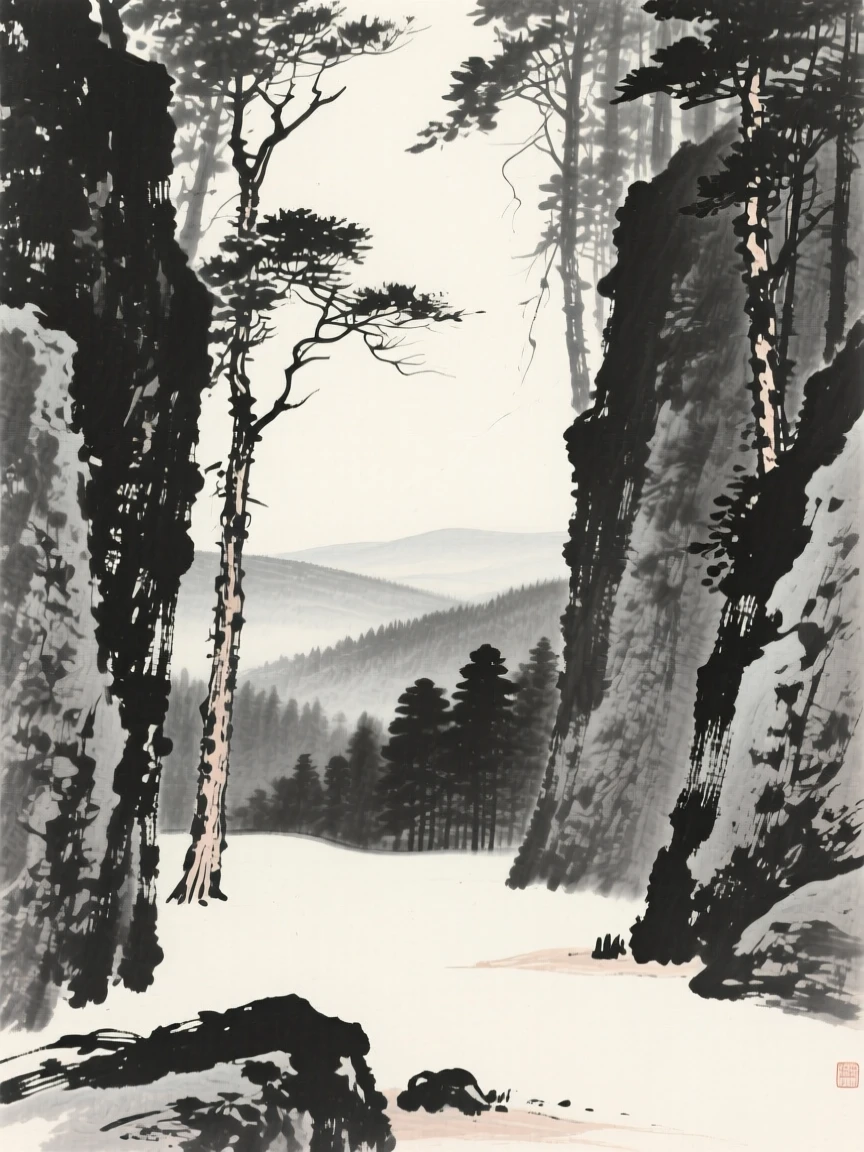 A quiet forest clearing dappled with soft light beneath towering rock walls softened by haze, framed through a gap in the trees, revealing the valley beyond, suggesting the quiet vastness of the natural world.