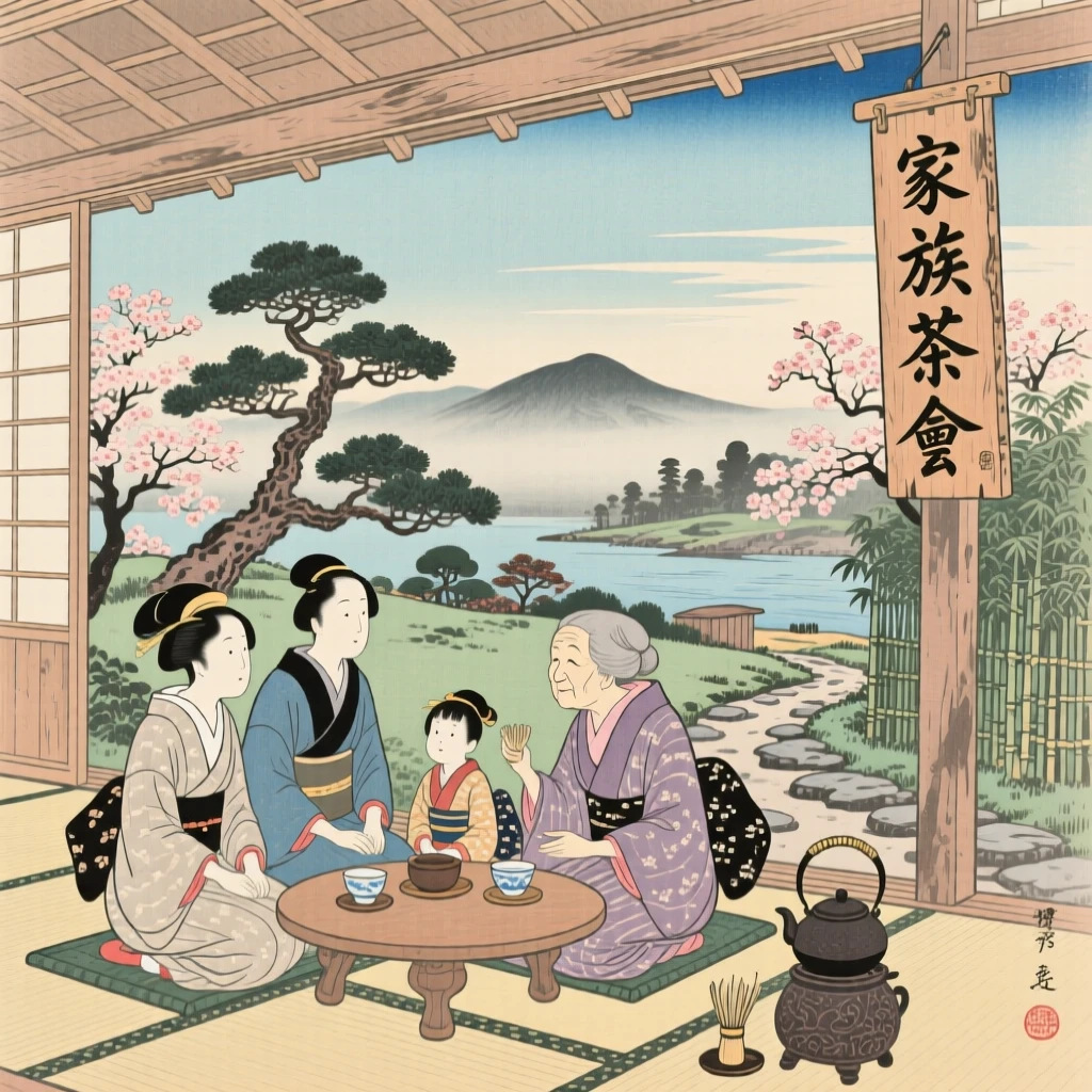 A family sharing tea on a porch overlooking a garden.