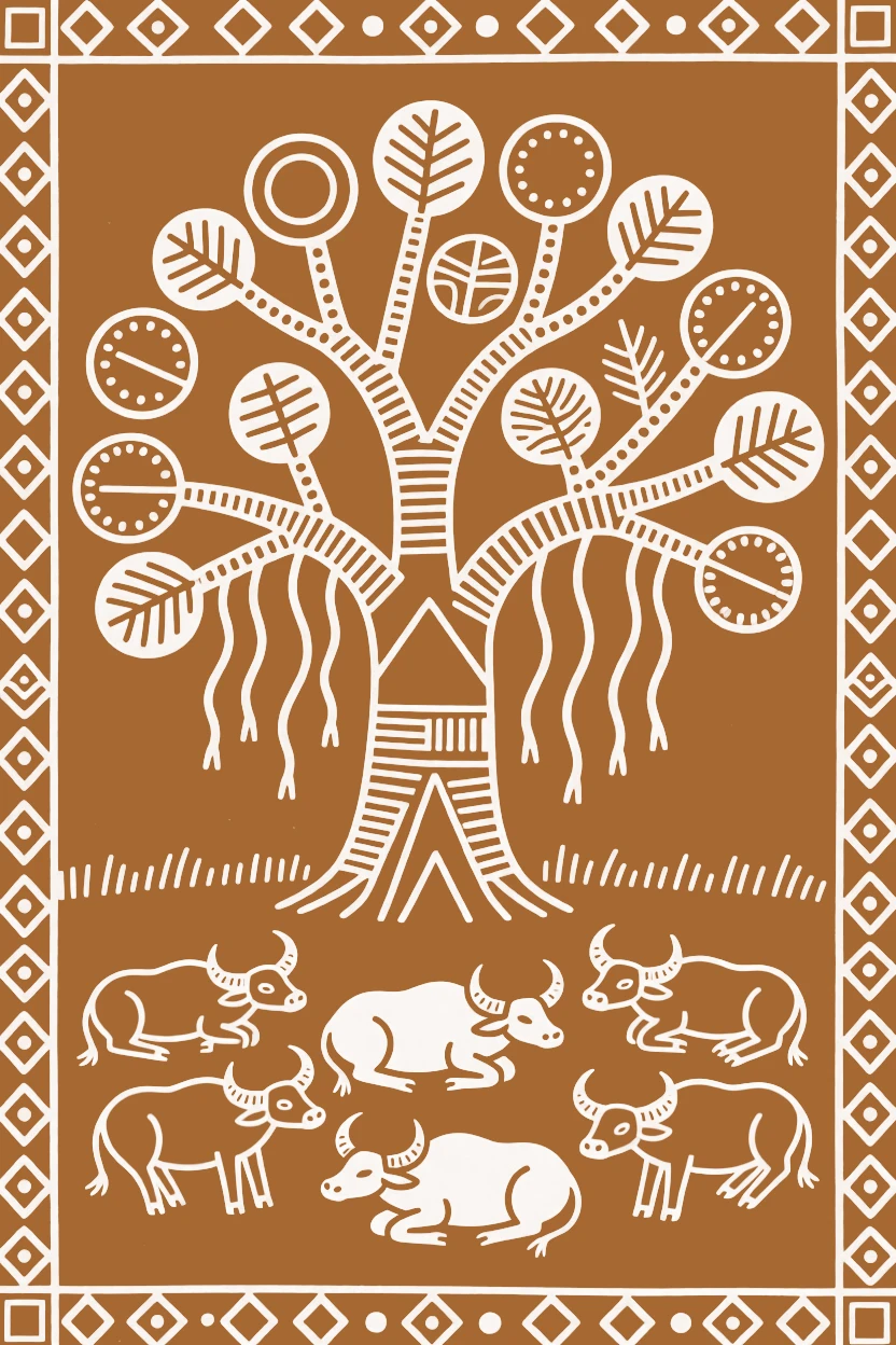 A herd of buffalo resting beneath a giant banyan tree.