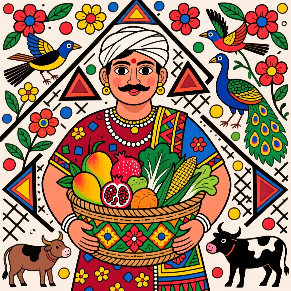 A farmer presenting a basket of the season's first harvest.
