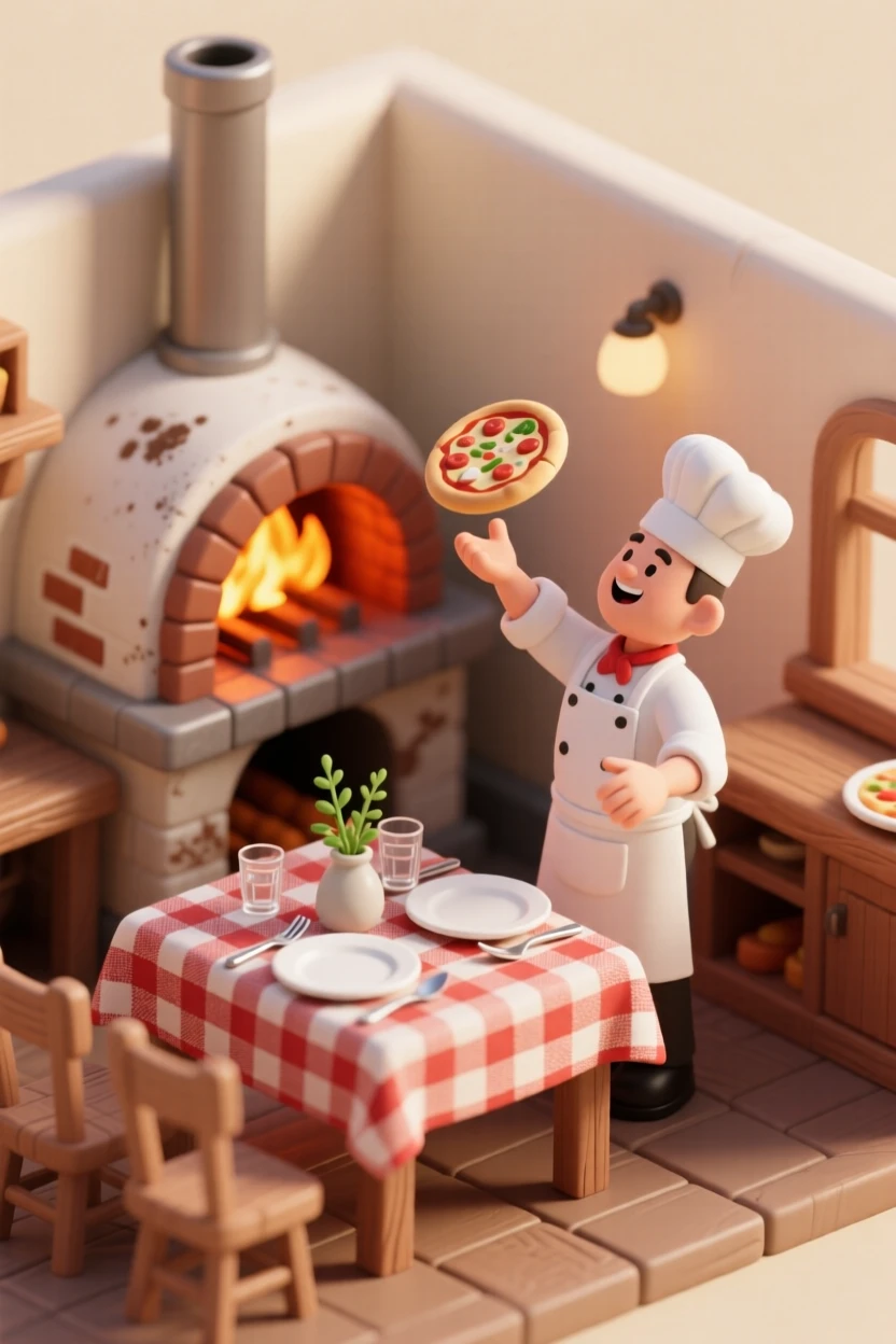A cozy pizzeria with a wood-fired oven glowing orange, a chef tossing dough in the air, and a checkered tablecloth set for dinner.