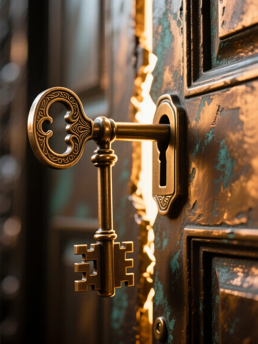 A single key unlocking a door of radiant light, symbolizing opportunity, composed with striking clarity and a strong central focal point, evoking deep emotional resonance