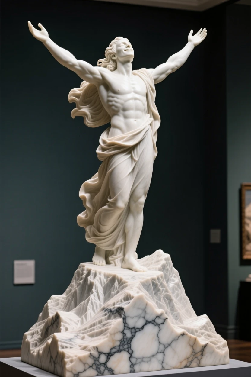 An emotionally powerful scene of a person standing at a mountain summit, arms spread wide in victory, filled with warmth, tenderness, and connection