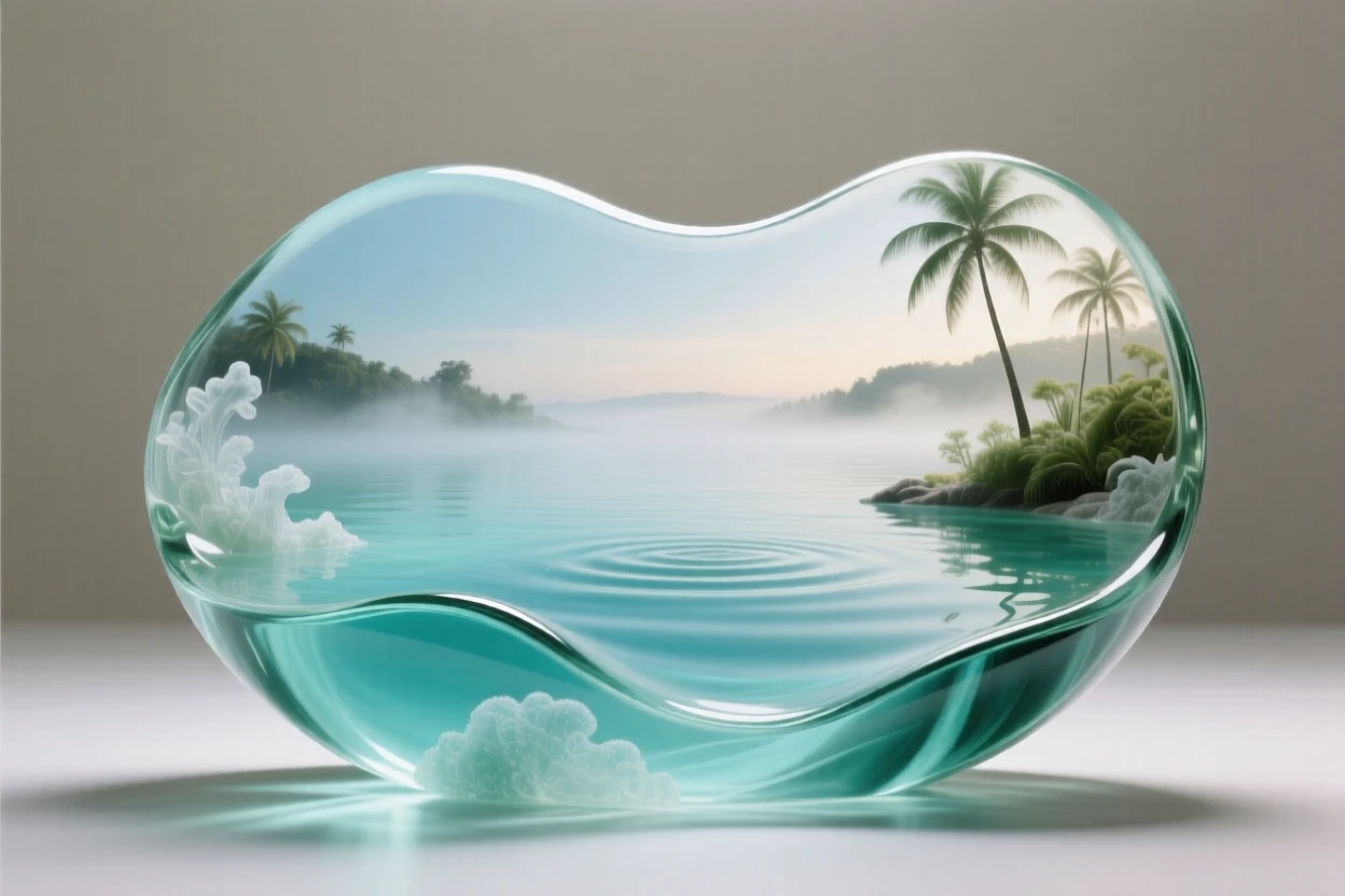 A tropical lagoon with crystal-clear turquoise water at the quiet hush of early morning, gentle mist rising, composition inviting stillness and reflection.