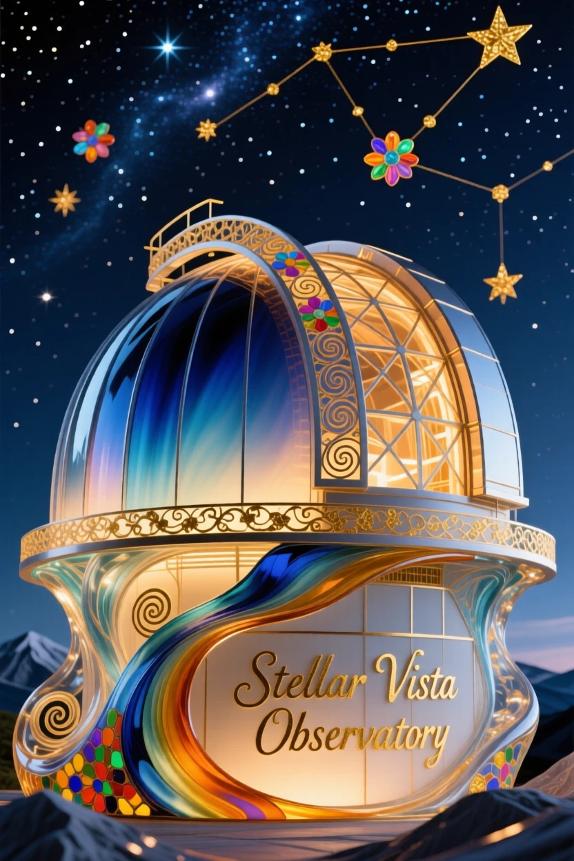 A grand mountain observatory dome open to a star-filled sky, awe-inspiring and futuristic.