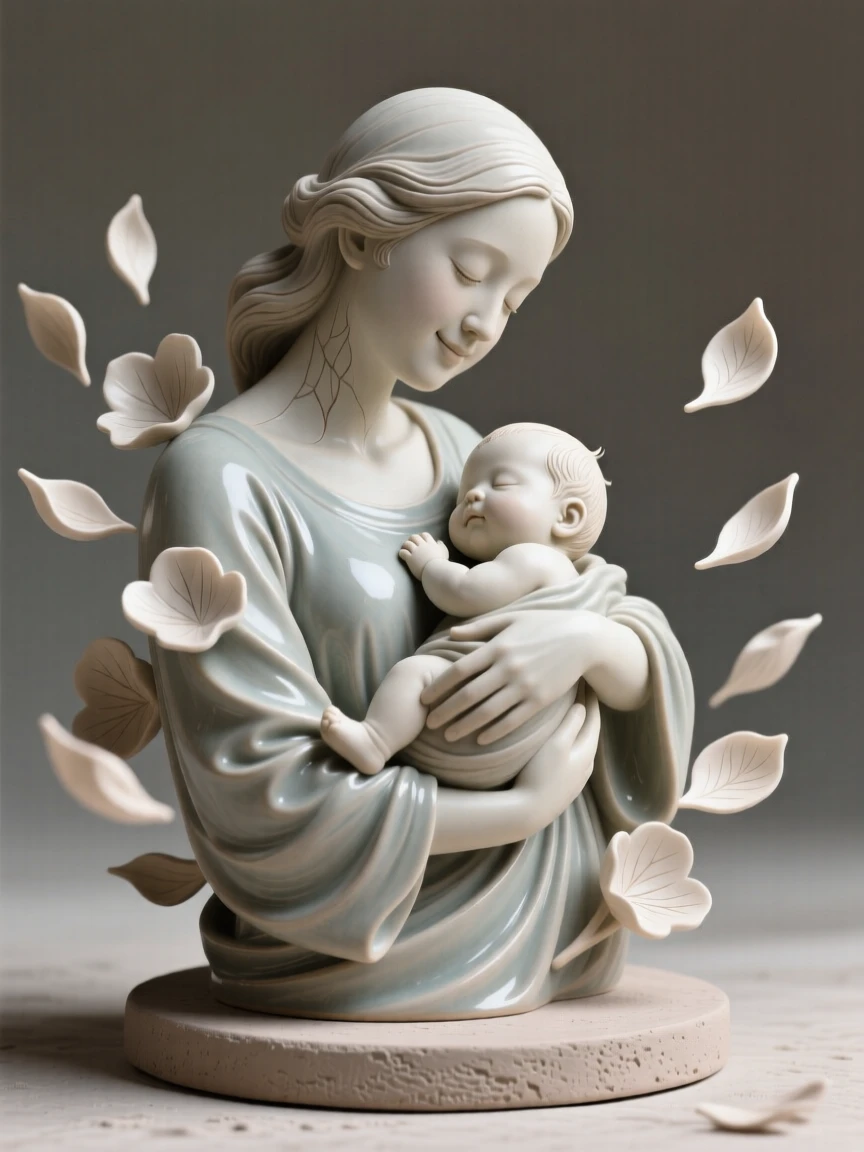 A mother cradling her newborn child captured in a fleeting moment of pure emotion, surrounded by softly falling petals, filling the scene with joy and gentle wonder.