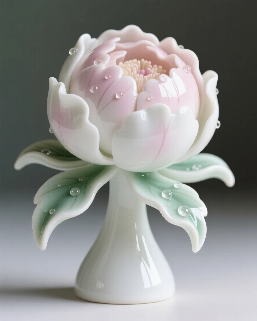 A single peony opening at first light, dew drops resting delicately on its surface.
