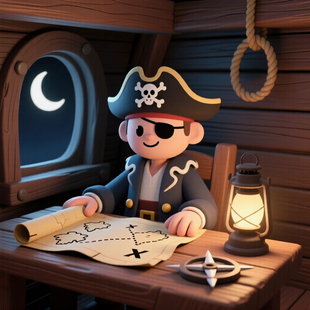 A cunning pirate navigator studies a weathered treasure map by lantern light in a creaking ship's cabin.