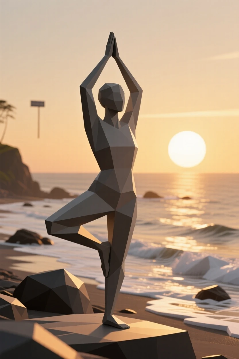 A yogi holding a graceful pose at sunrise, at golden hour by the coastline. fine details highlight skill and craftsmanship. The scene feels energetic and inspiring.