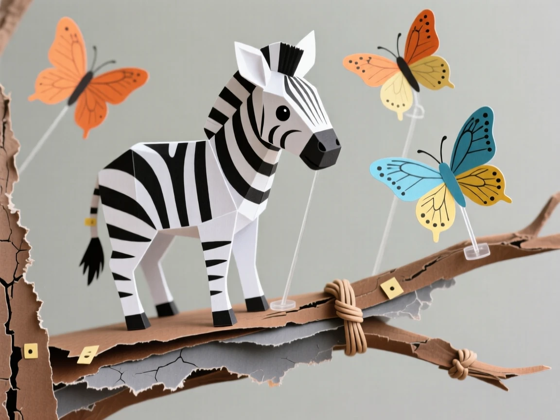 A striped zebra foal perched on a weathered branch, with butterflies fluttering nearby, conveying quiet dignity and grace.