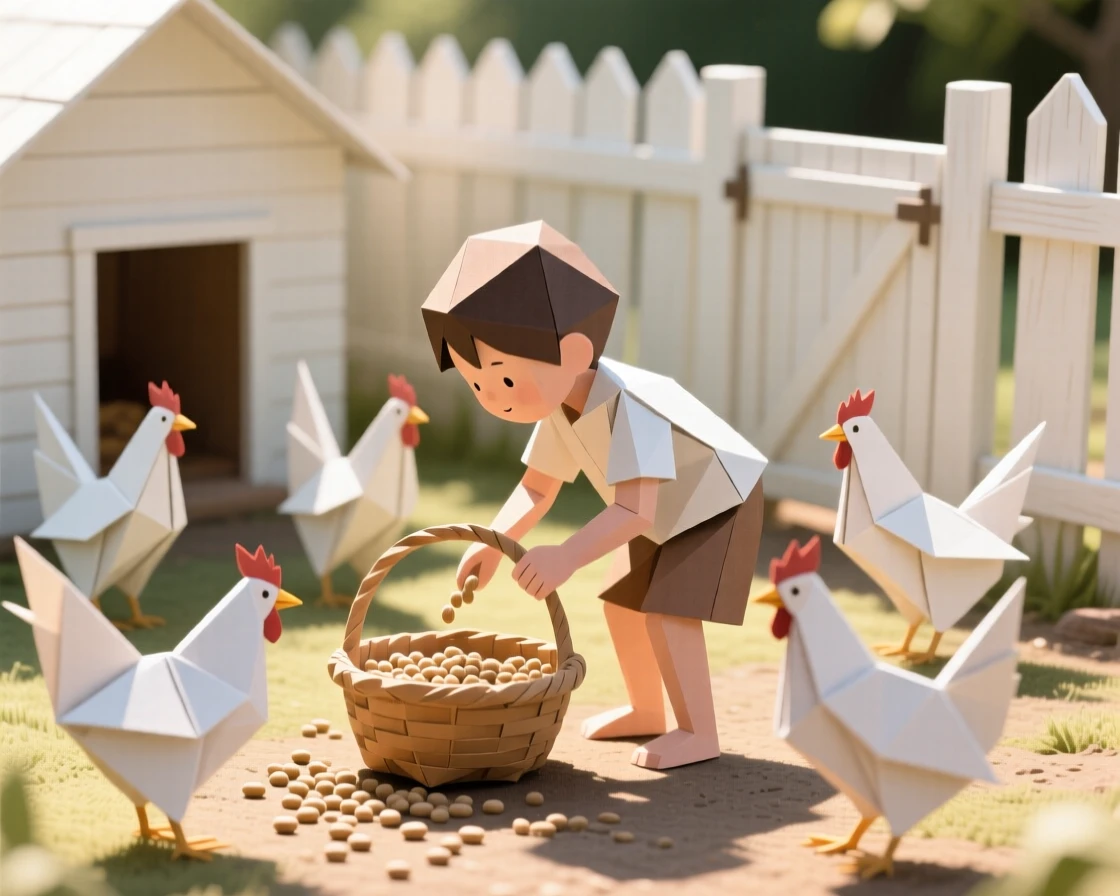 A child feeding chickens from a basket in a sunlit backyard coop.