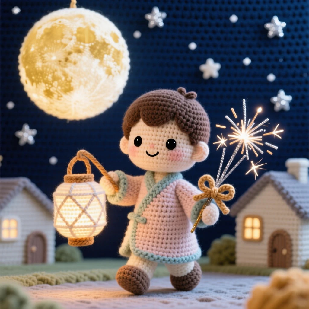 a small boy holding a paper lantern for a lunar festival, wearing traditional-inspired soft robes, walking beneath a full harvest moon, set in a starry night sky above a quiet neighborhood, with a bundle of sparklers ready to light, full of playful delight in seasonal change.