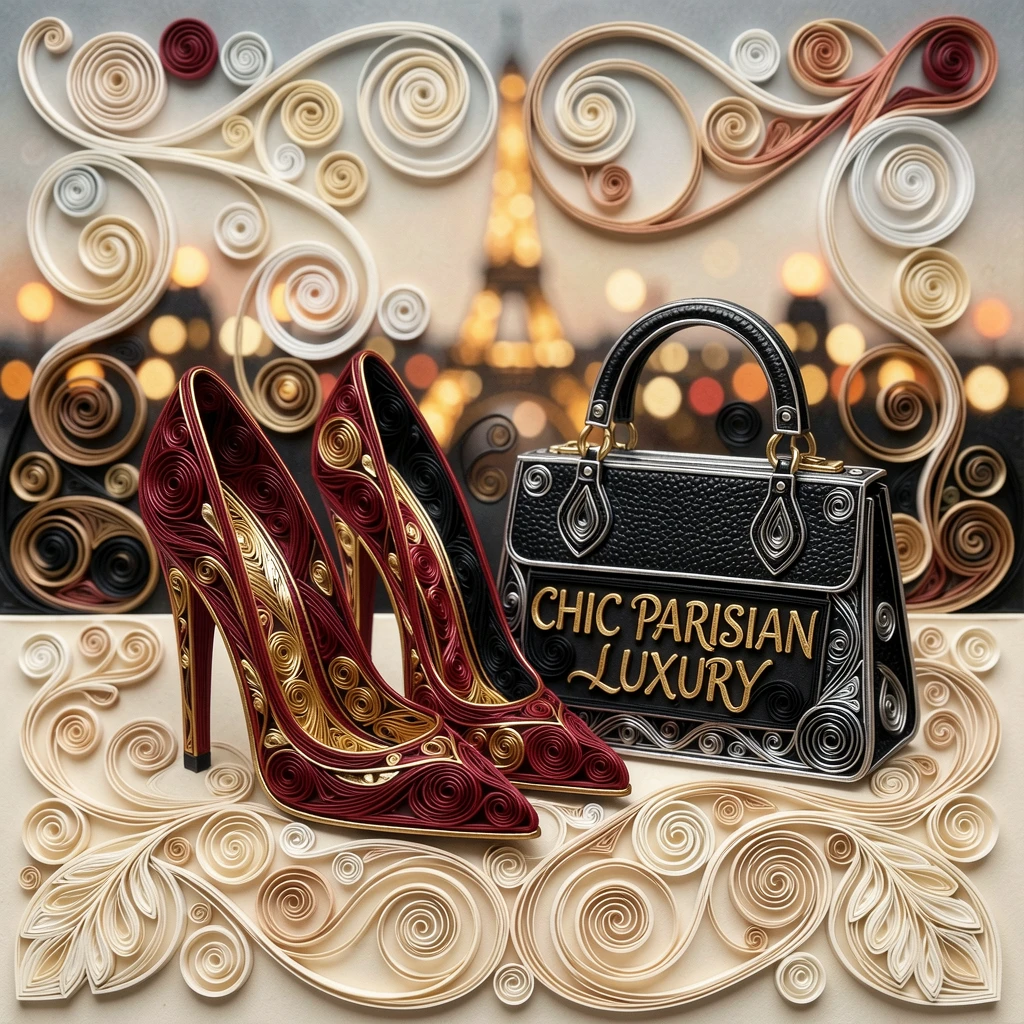 A sophisticated luxury scene of a pair of elegant high heels beside a designer handbag in a chic Parisian apartment, with soft city lights glowing in the background, arranged with elegant symmetry and balance.