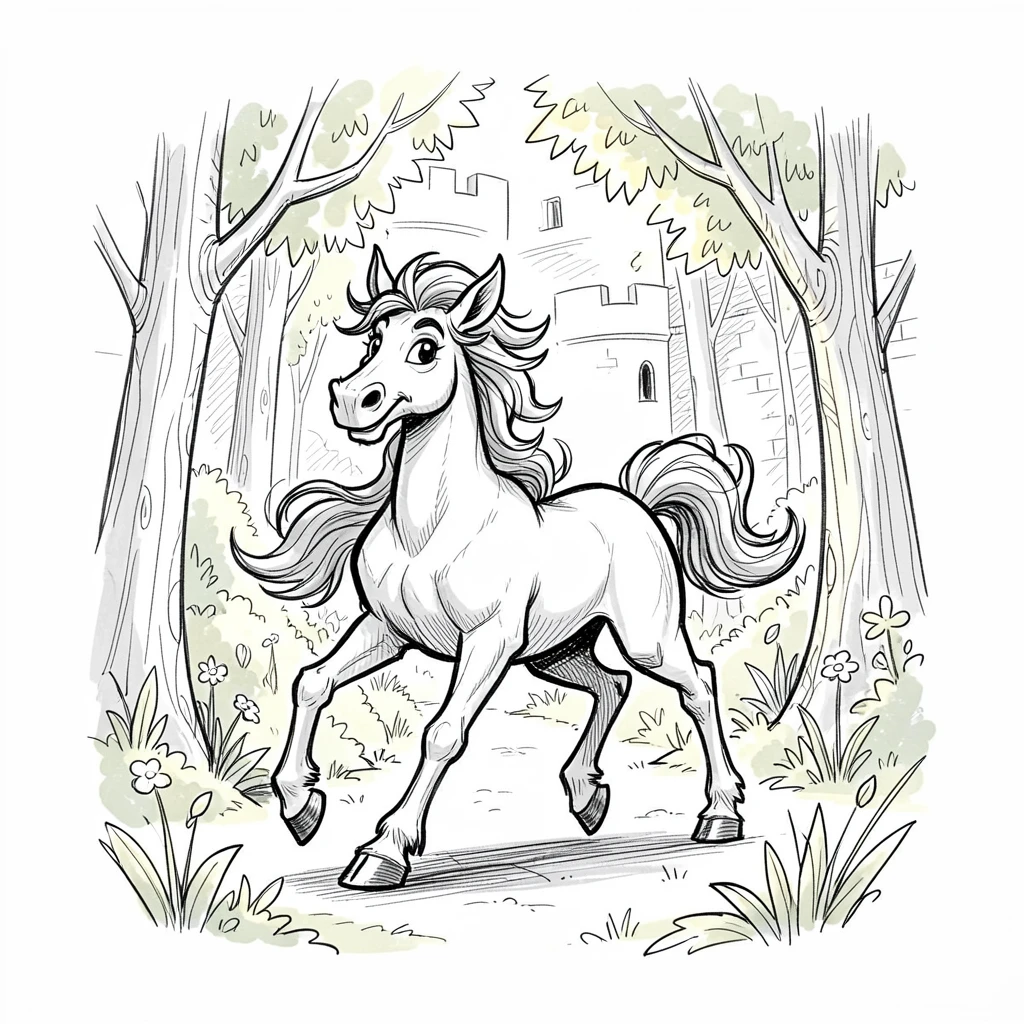 A centaur walking through a sunlit forest in a garden behind castle walls.