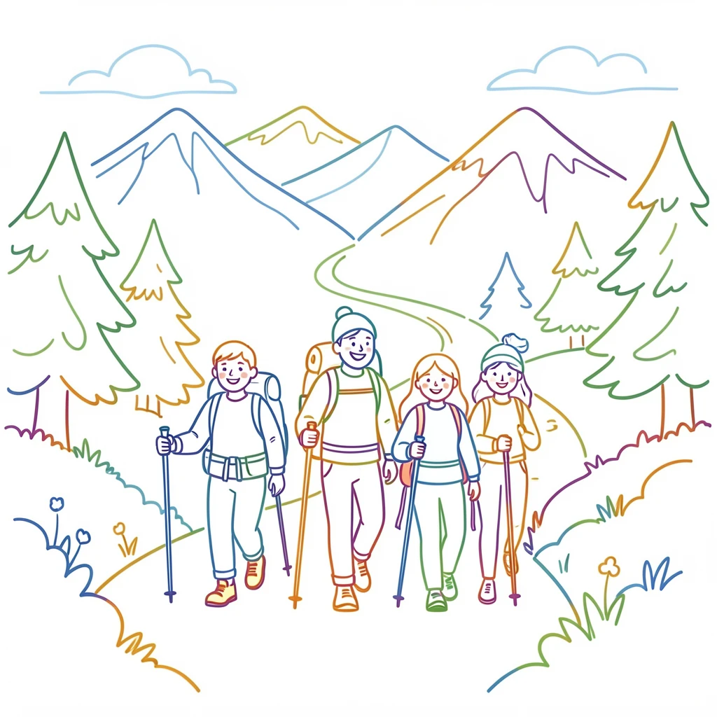 A family of four hiking together on a scenic mountain trail.