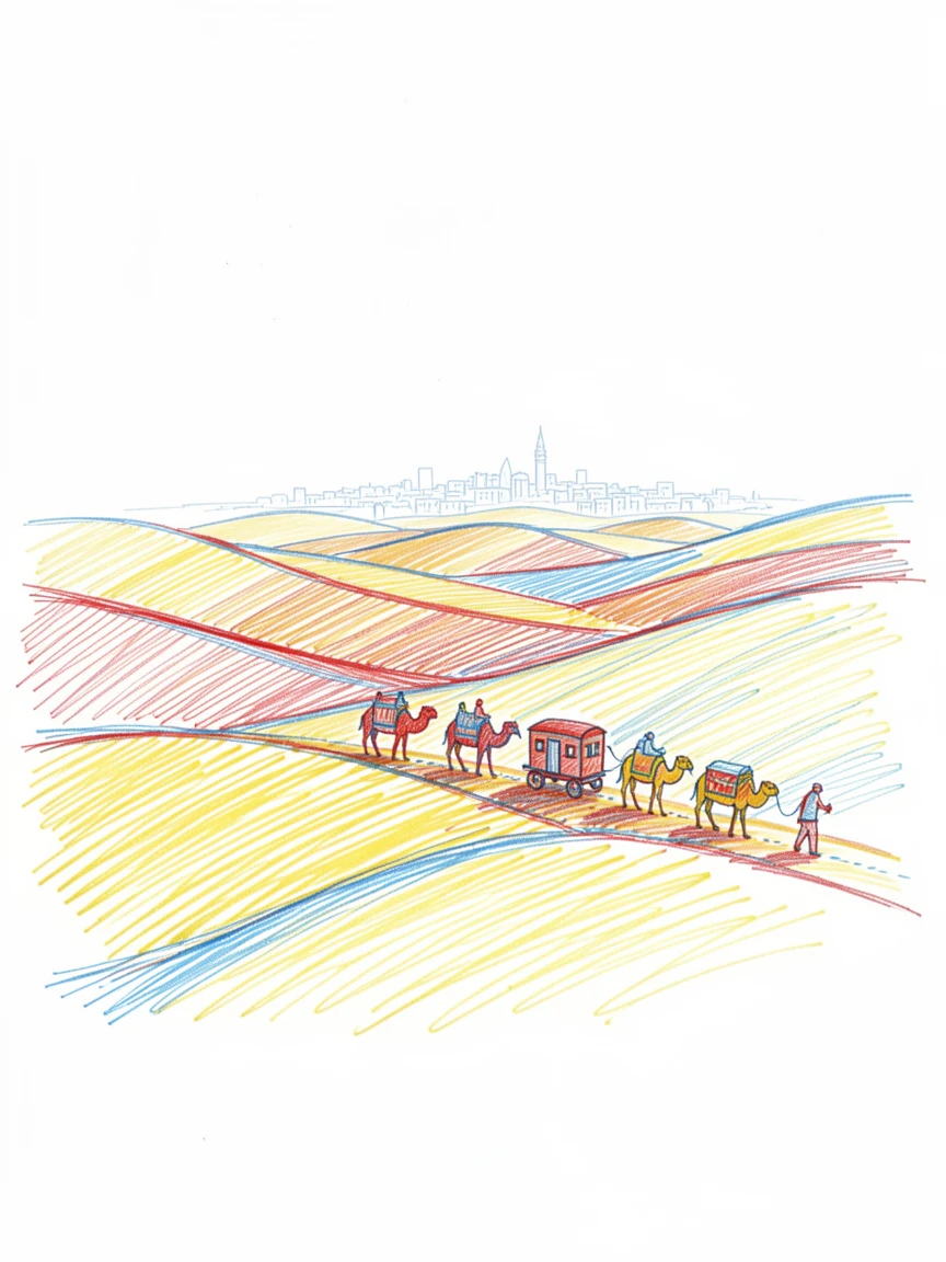 A desert caravan crossing golden dunes toward a distant oasis city