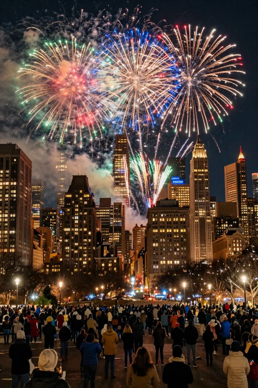 Fireworks exploding over a city skyline on New Year's Eve