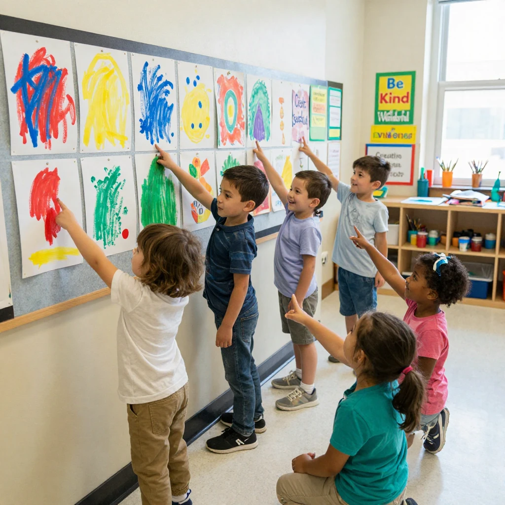 A children's art class proudly displays finger-painted masterpieces on a classroom wall.