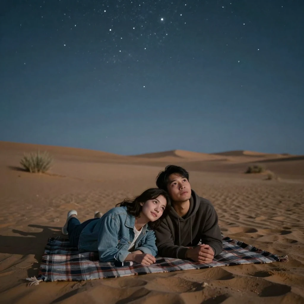 A young couple stargazing together lying on a blanket in an empty desert field