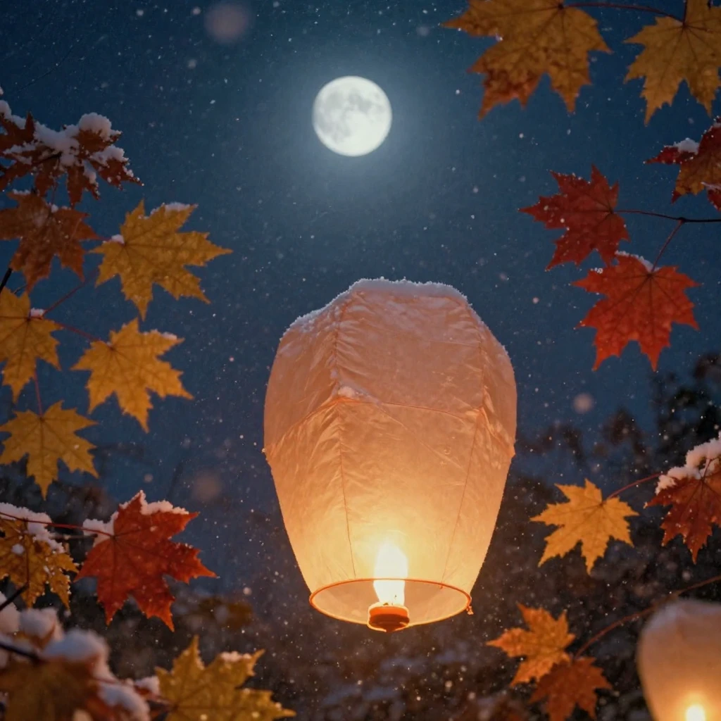 A vibrant lantern festival lighting up a night sky with floating lights, under moonlight, amid gently falling snow, as autumn leaves turn gold and red, in soft muted pastels, in a tight close-up.