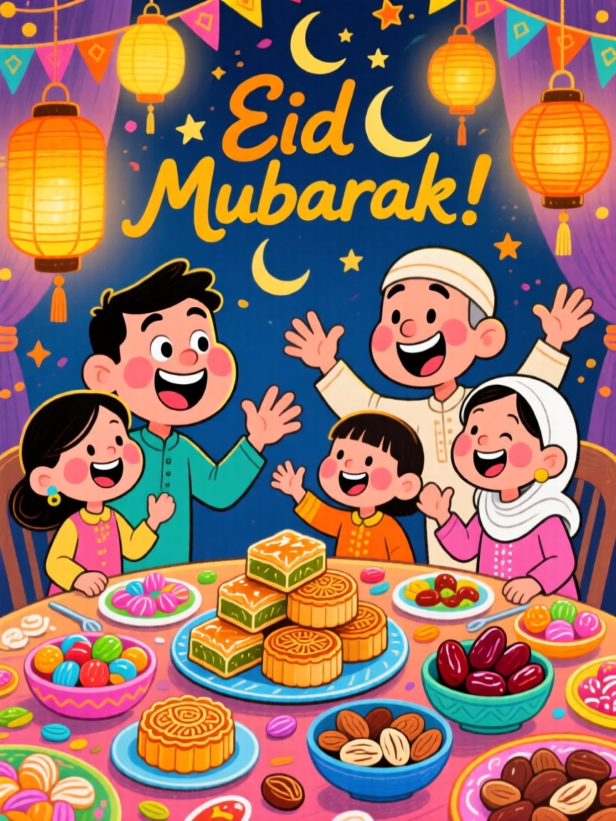 A family celebrating Eid with a festive table full of sweets and lanterns.