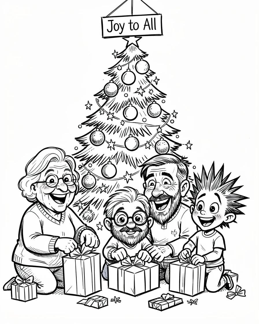 [Seasonal Holidays & Celebrations] Festive scene of a family gathered around a beautifully decorated Christmas tree opening presents, full of celebration and joy