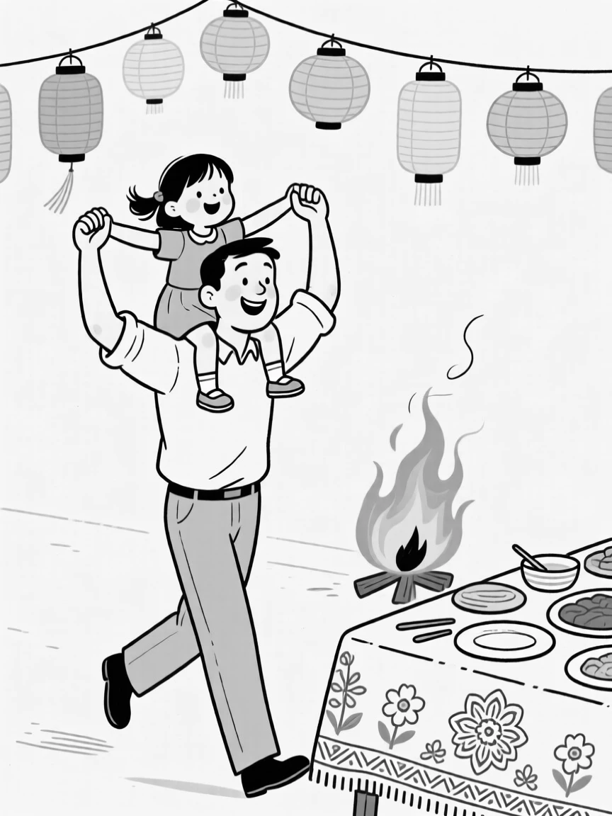 A father lifting his daughter onto his shoulders during a parade, swaying arm in arm to the crackling fire's rhythm, set beneath strings of colorful paper lanterns. A embroidered tablecloth peeks out beneath the feast. It radiates the timeless magic of coming together to celebrate.
