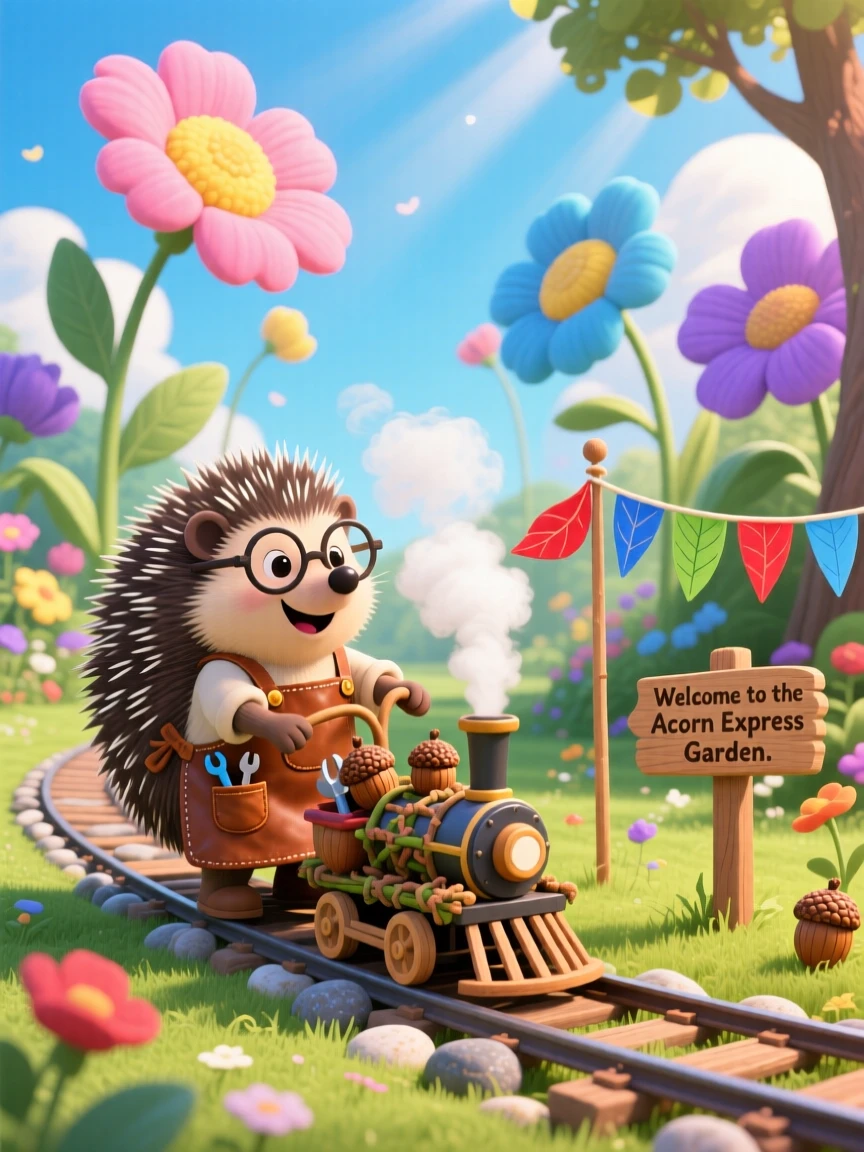 A hedgehog inventor delights in operating a tiny train that runs on acorns, tucked within a garden where flowers grow taller than trees, with tiny flags fluttering in a light breeze.
