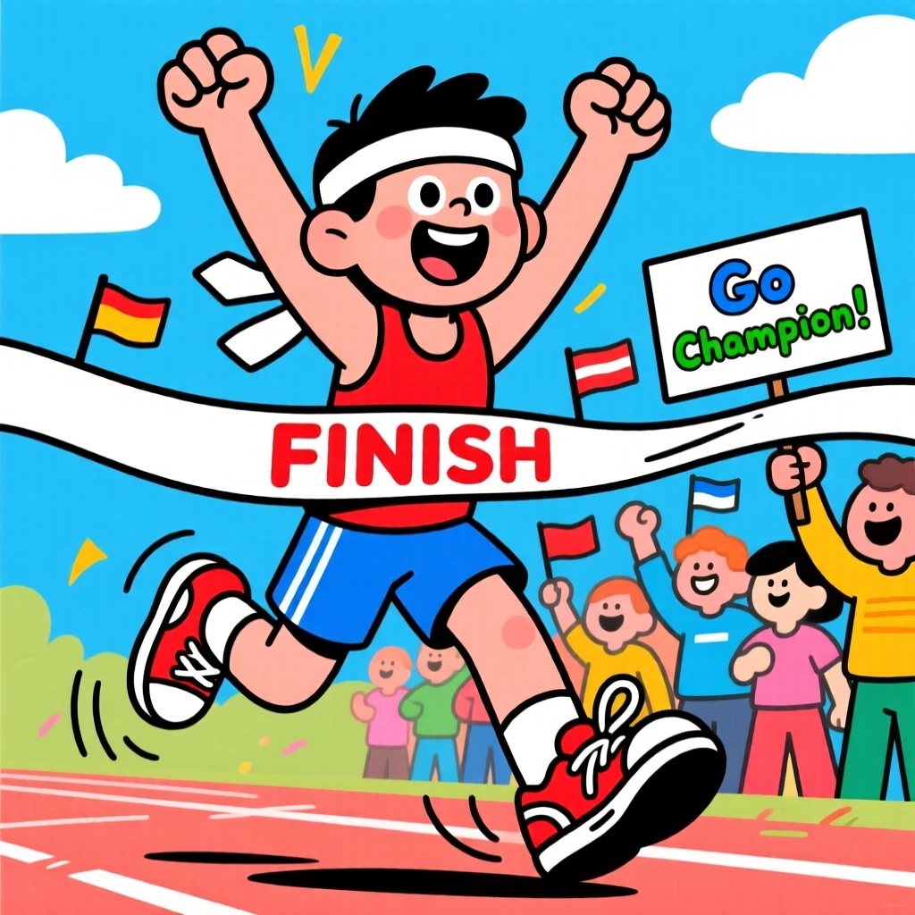 A young athlete crossing the finish line with arms raised in victory.
