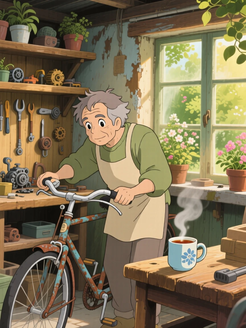 A man repairing an old bicycle in his garage, steam rising gently from a mug of tea, the whole scene feeling full of homely charm.