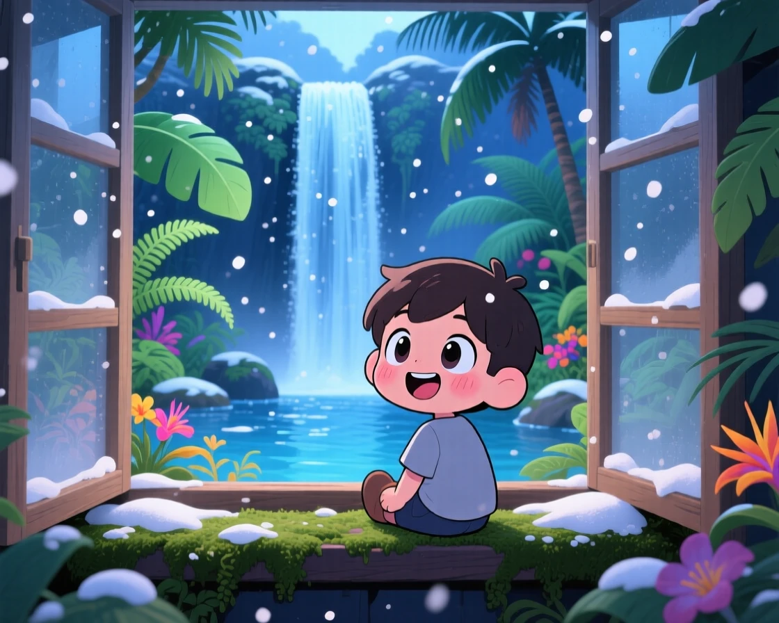 Framed through a window: a young boy, watching a waterfall from a mossy ledge, set against a lush tropical jungle during a cozy winter snowfall, with cool blue twilight glow and a mood of bubbly enthusiasm.