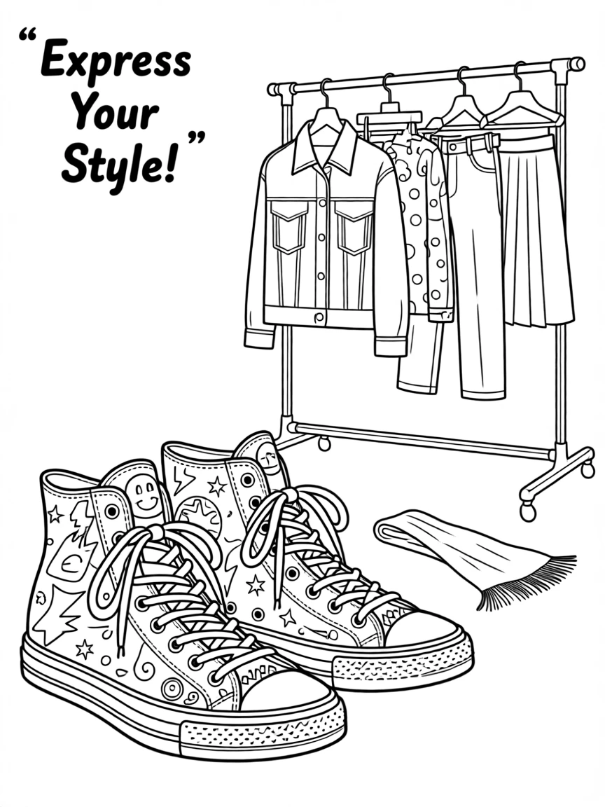 A pair of high-top sneakers with custom doodle designs, styled beside a rack of vintage clothing.