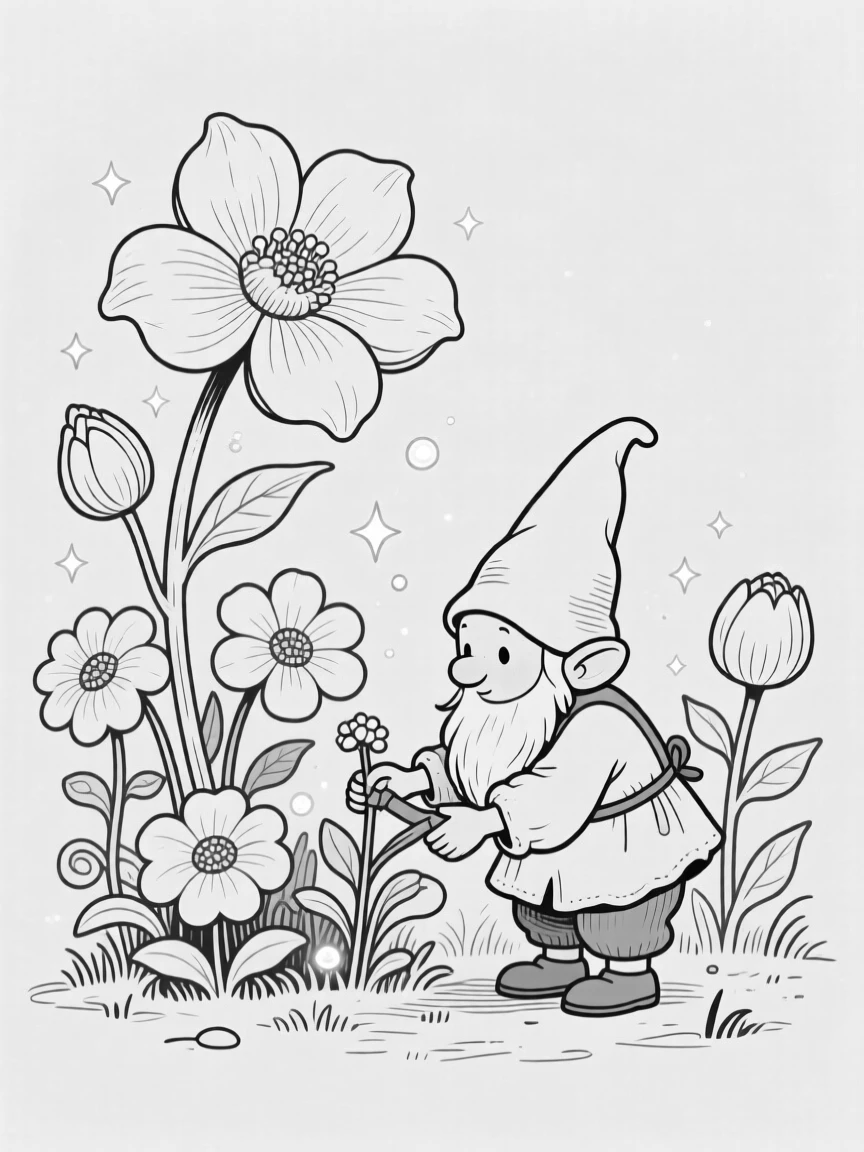 A gnome tending a garden of oversized magical flowers