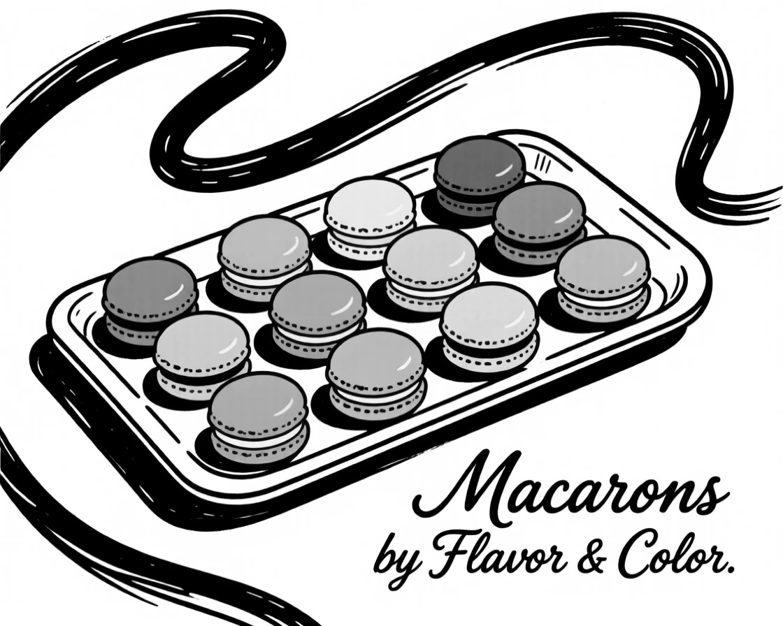 A tray of colorful macarons arranged by flavor and color.