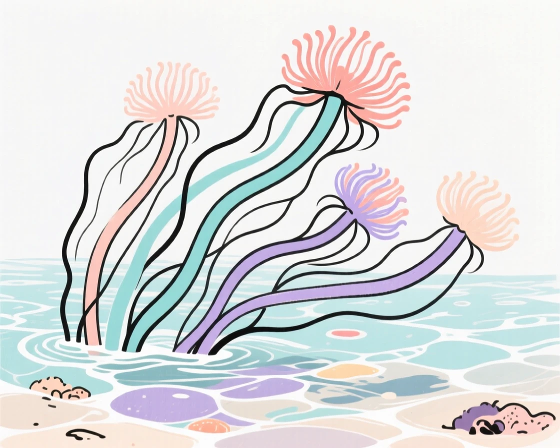 A group of anemones swaying gently in a shallow reef current.