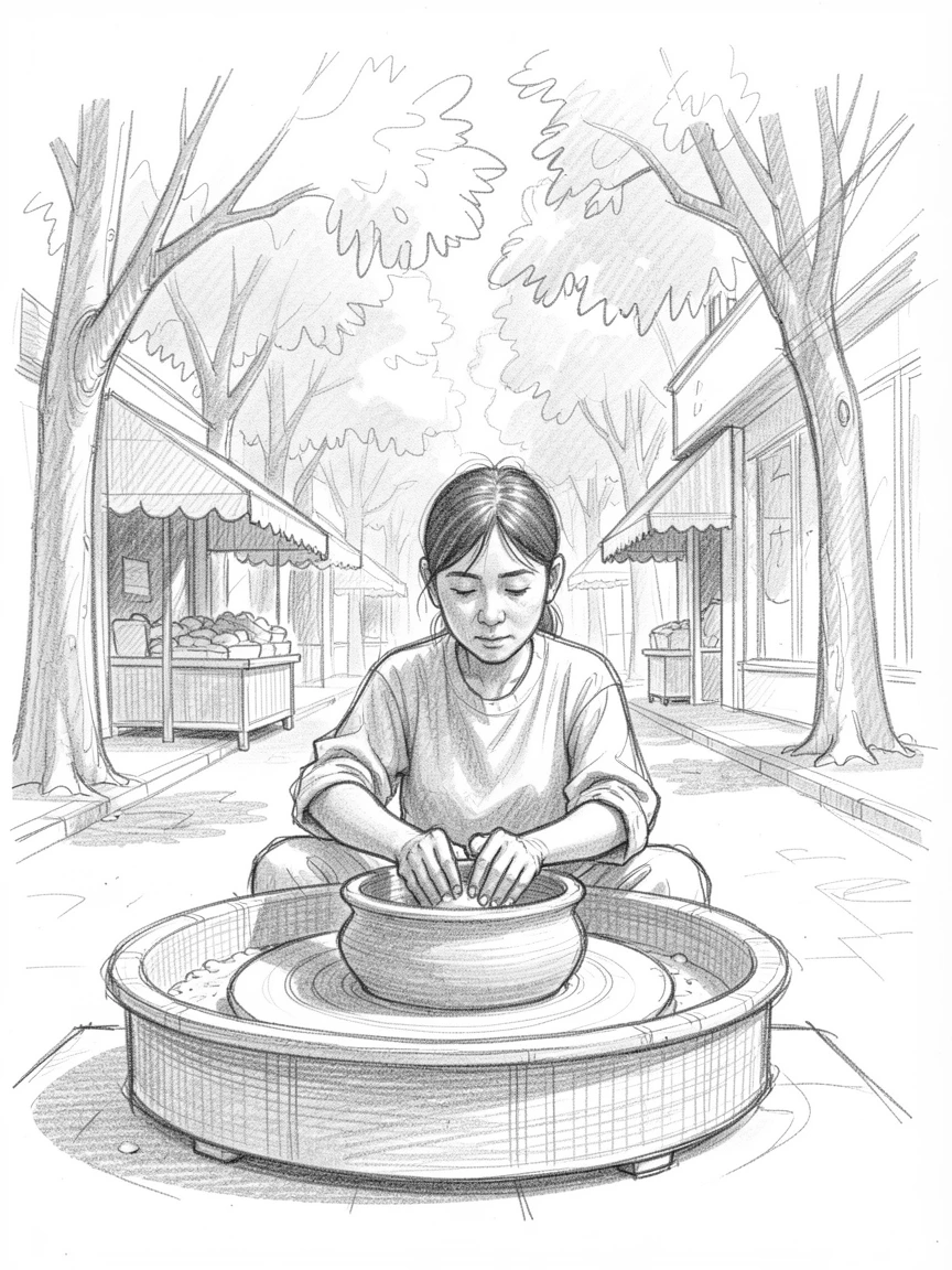 An artisan shaping clay on a pottery wheel, along a quiet tree-lined avenue, with a gentle breeze rustling awnings overhead.