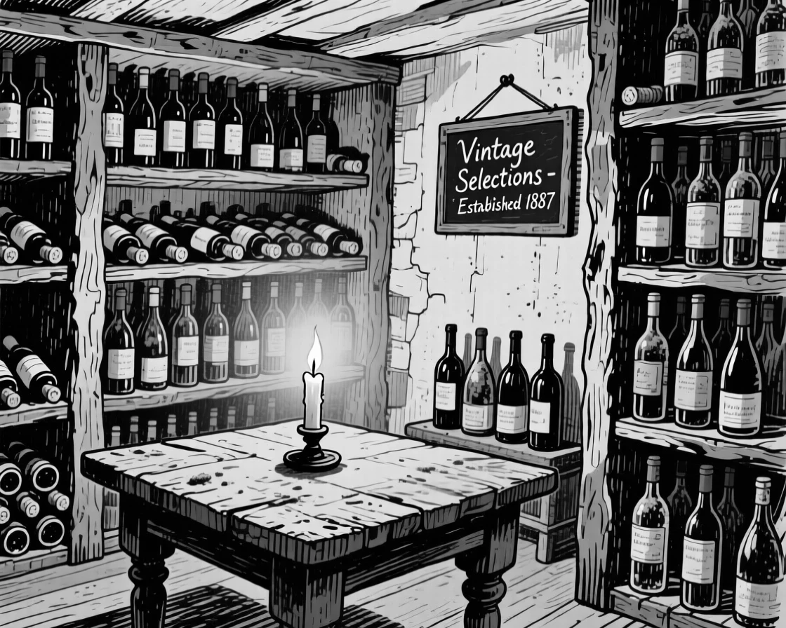 A cozy candlelit wine cellar with racks of dusty bottles.