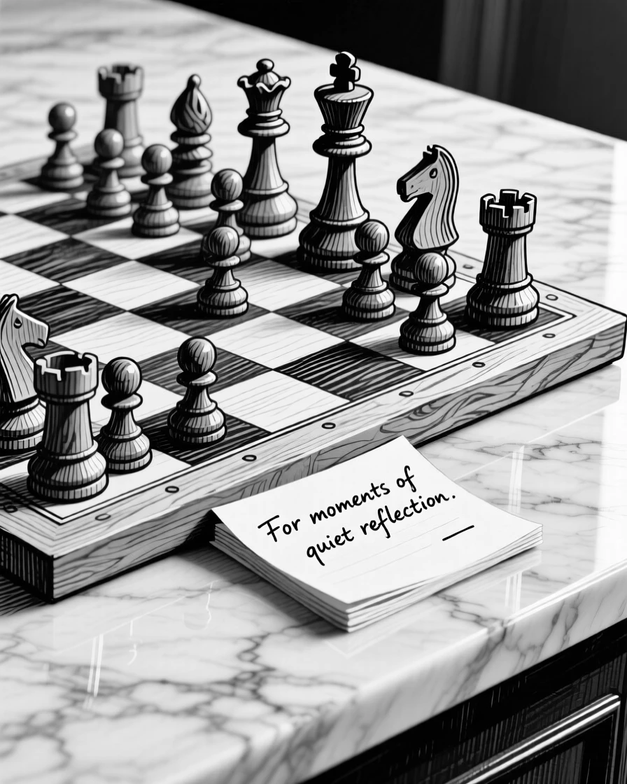 A wooden chess set mid-game set on a marble countertop, with a folded note tucked alongside it, forming a full of quiet character still-life study.