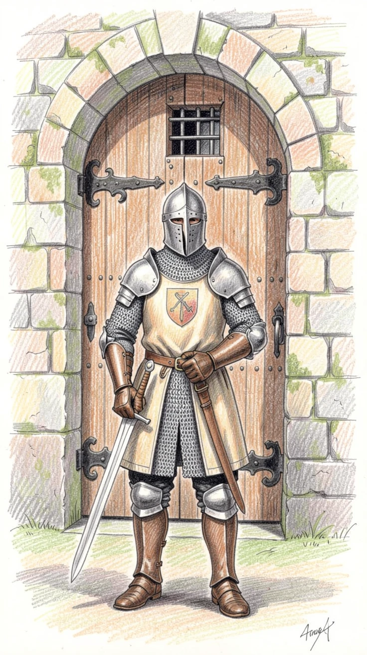 A medieval knight standing before a grand stone castle gate, with careful attention to period-accurate clothing and setting, designed to feel majestic, respectful, and storytelling-rich.