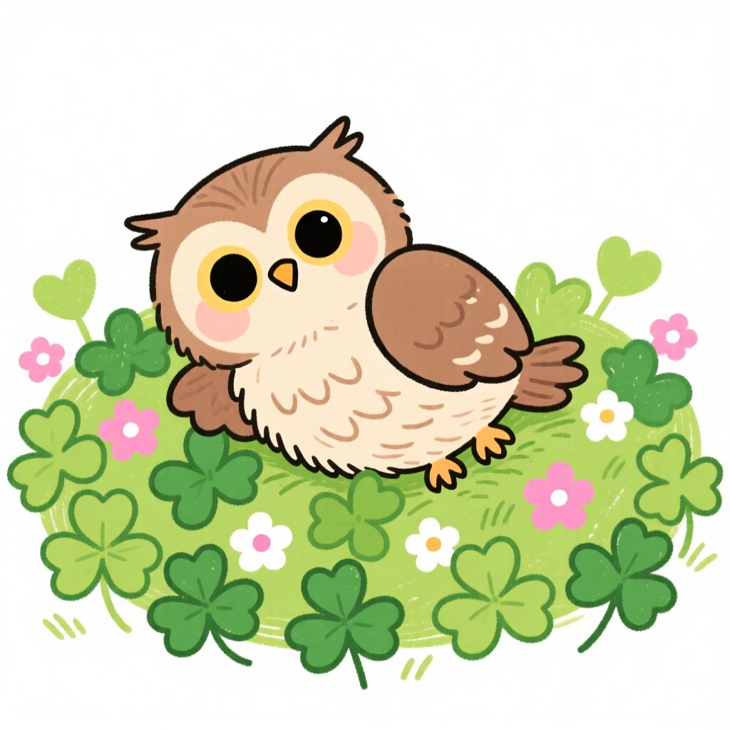 A downy owlet resting on a bed of clover.
