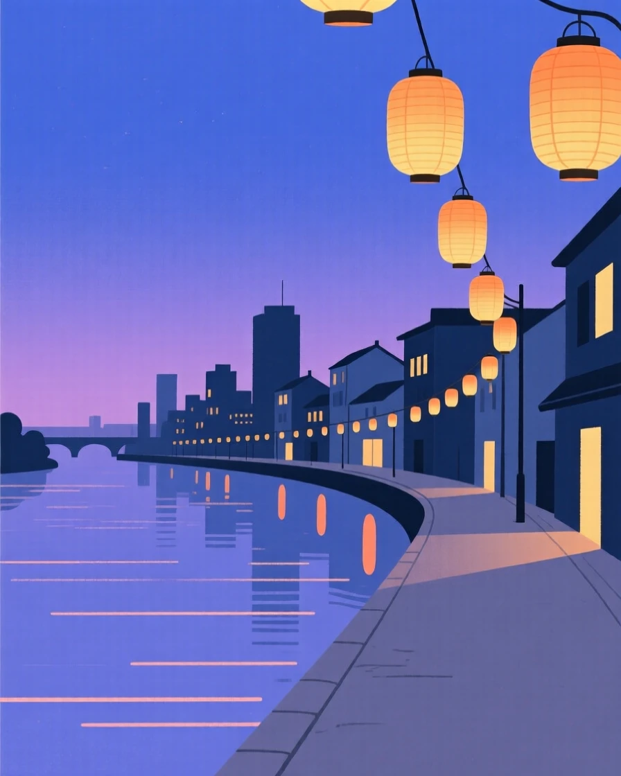 A journey through a riverside city at dusk toward a lantern-lit street, passing strings of paper lanterns, full of peaceful escape.