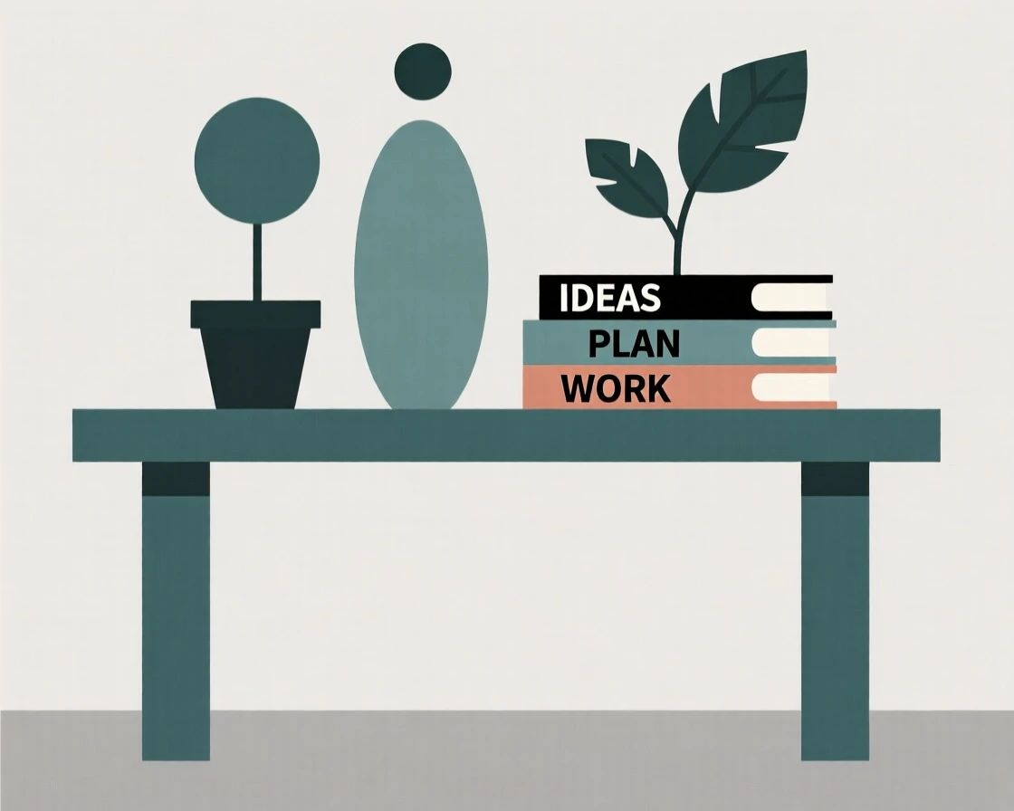A home office desk with plants and books