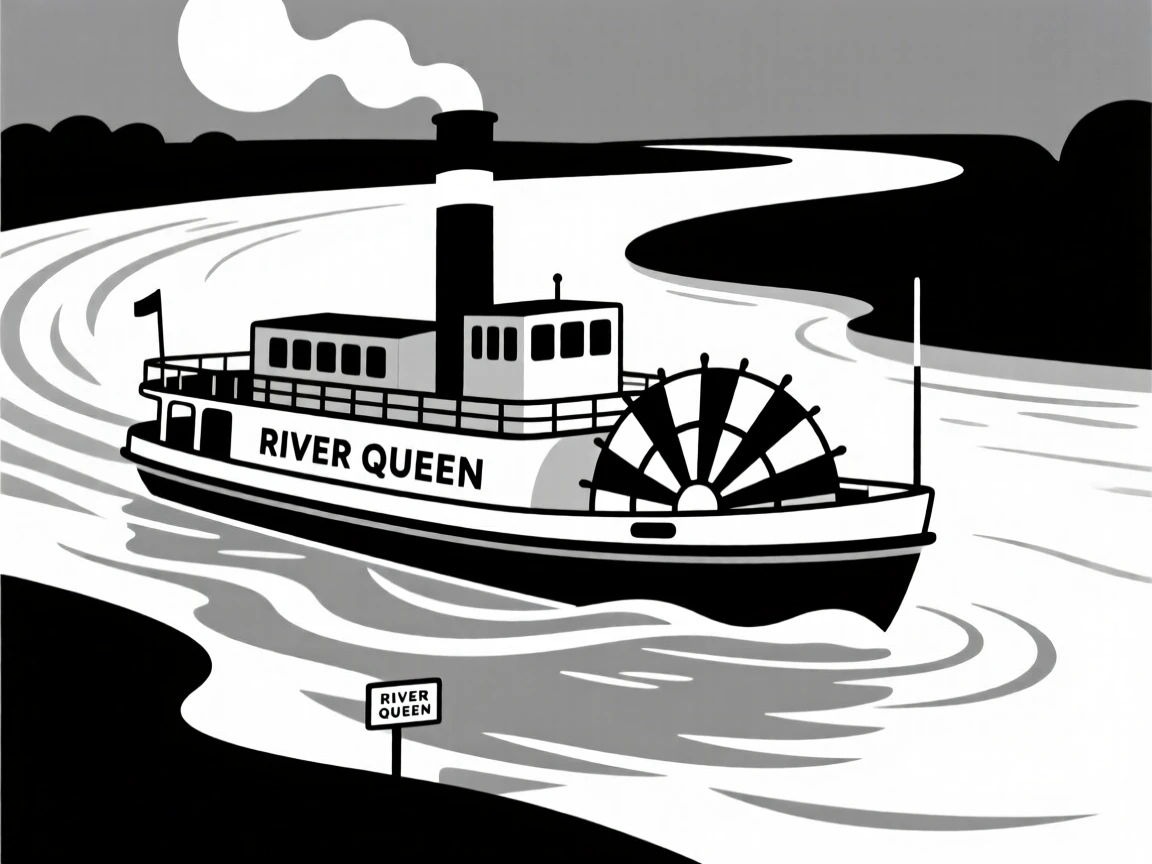 A paddle steamer cruising down a wide river.