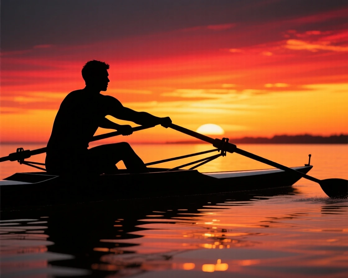 A rower pulling hard on the oars, boat cutting through calm water.