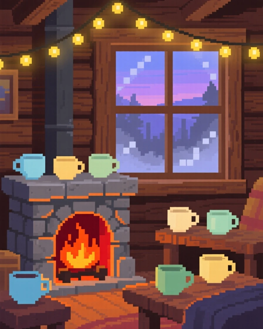 A fireplace corner arranged with teacups and a fogged-up window, within a cabin lit by string lights at dusk.