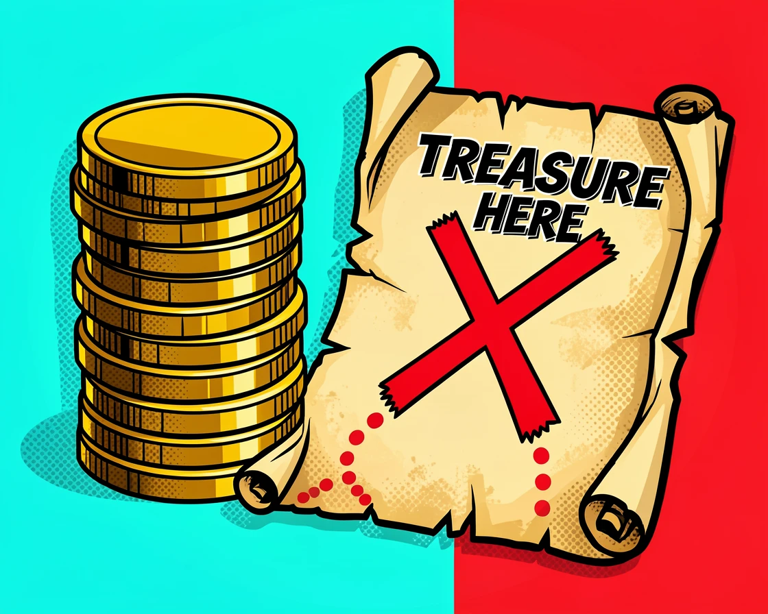 A stack of coins beside an antique treasure map