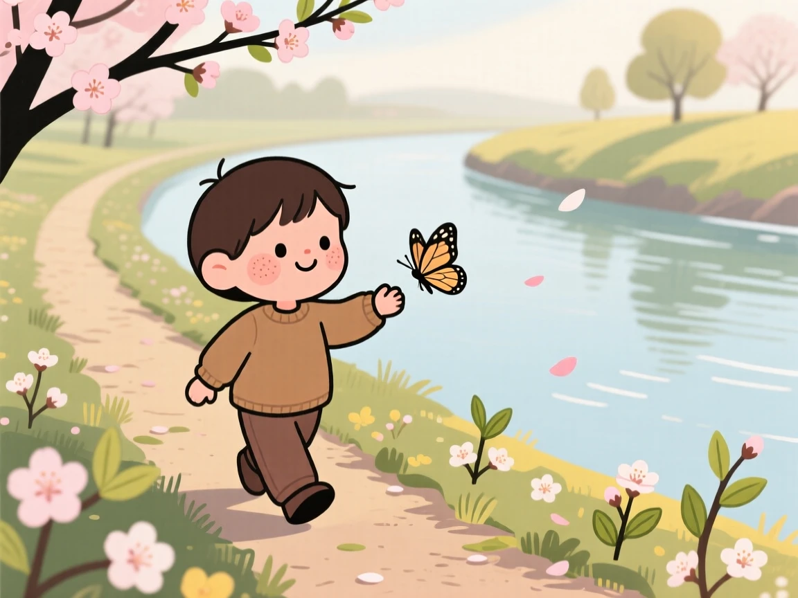 The first blossoms of spring open along a riverside trail as a child chasing a butterfly walks slowly by, breathing in the fresh scent of new blooms in the mild morning air.