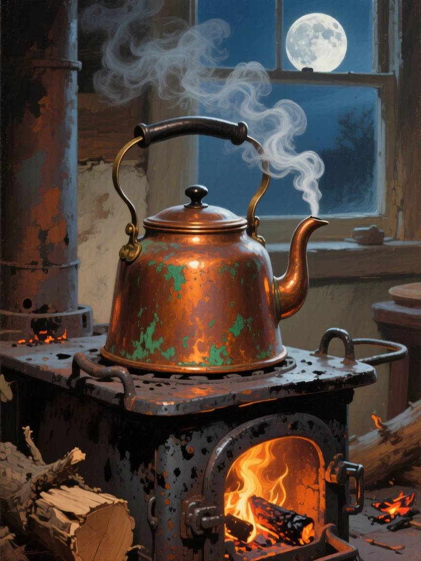 A detailed close shot of a copper kettle steaming on a wood-burning stove, under a full moon.
